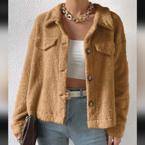 Streetwear Society Brown Plush Oversized Soft Teddy Jacket with Pockets & Button - Picture 1 of 8